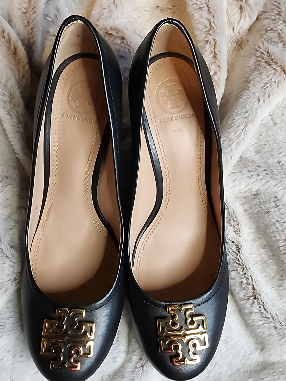 Tory Burch Black Leather Wedge Pumps with Gold Logo